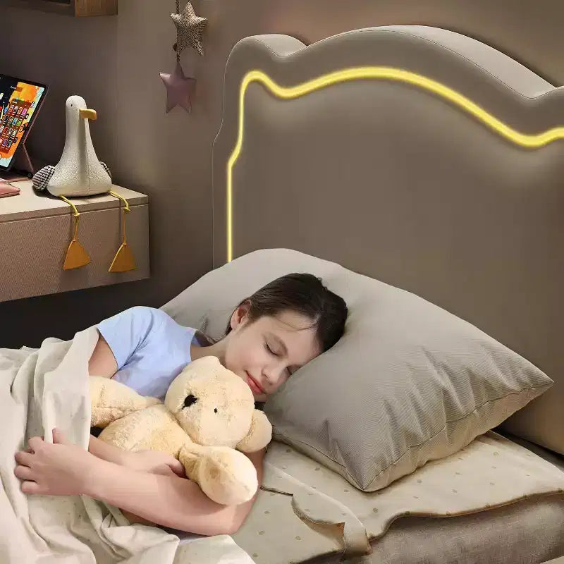 Lit double intelligent avec LED - Tête de lit réglable, plateforme recouverte de velours, sans sommier, lattes en bois