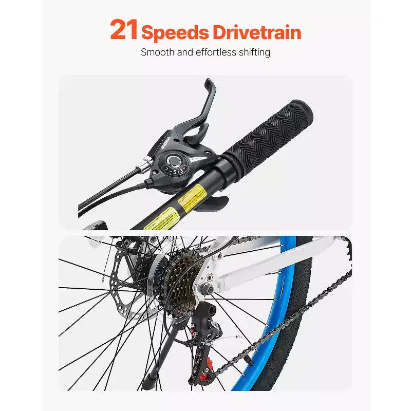 VTT VEVOR, VTT 26 pouces tout suspendu, dérailleur 21 vitesses, freins à double disque, cadre en alliage d'aluminium, noir et bleu