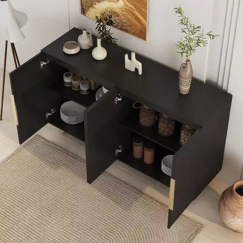 Buffet moderne Okak, meuble de rangement avec portes cannelées et étagères réglables, buffet d'appoint pour salon, entrée, couloir, cuisine