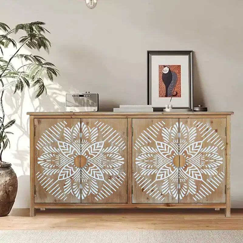 Meuble d'appoint antique Okak 60 pouces, buffet rustique en bois avec quatre portes à motifs sculptés, armoire de rangement pour la cuisine, la salle à manger