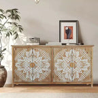 Meuble d'appoint antique Okak 60 pouces, buffet rustique en bois avec quatre portes à motifs sculptés, armoire de rangement pour la cuisine, la salle à manger