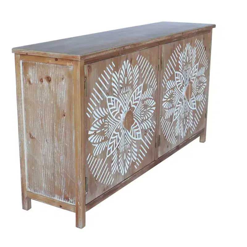 Meuble d'appoint antique Okak 60 pouces, buffet rustique en bois avec quatre portes à motifs sculptés, armoire de rangement pour la cuisine, la salle à manger