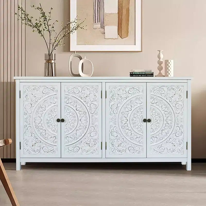 Meuble d'appoint antique Okak 60 pouces, buffet rustique en bois avec quatre portes à motifs sculptés, armoire de rangement pour la cuisine, la salle à manger