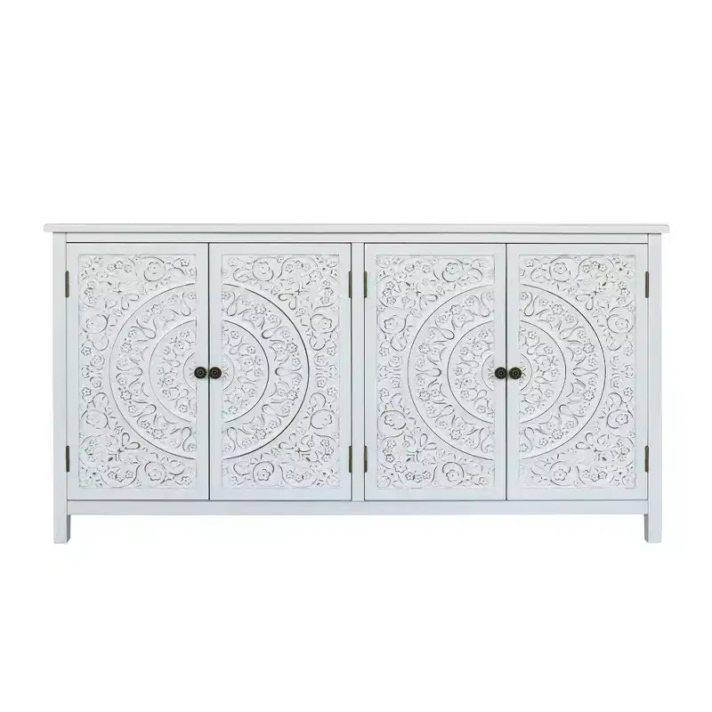 Meuble d'appoint antique Okak 60 pouces, buffet rustique en bois avec quatre portes à motifs sculptés, armoire de rangement pour la cuisine, la salle à manger