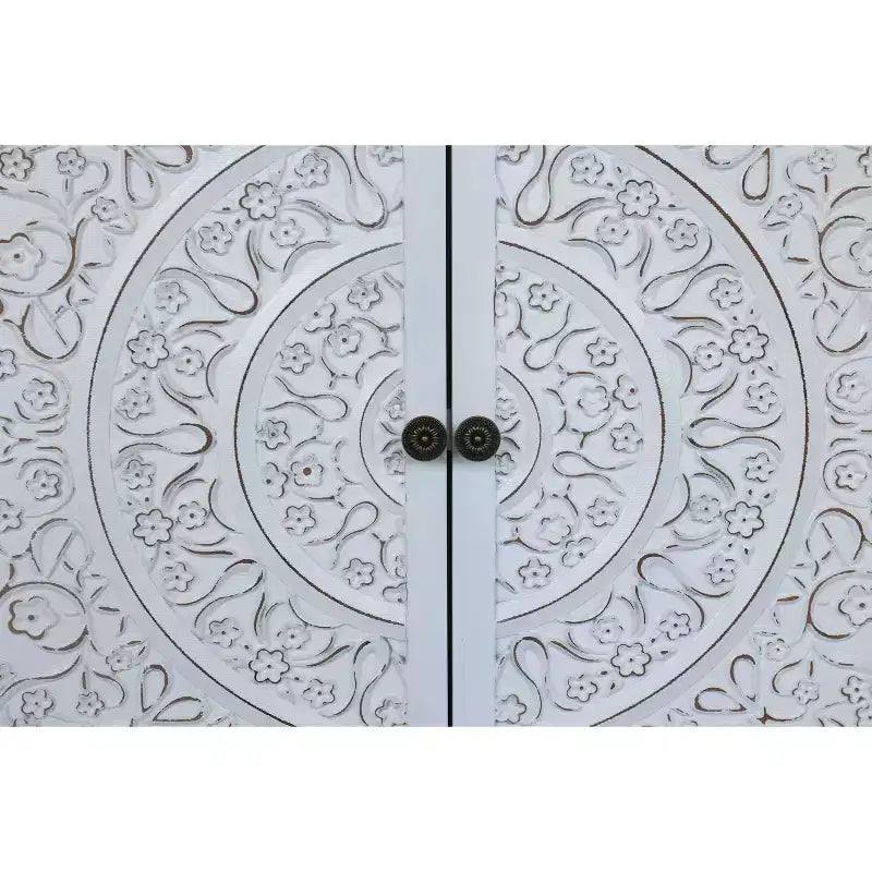 Meuble d'appoint antique Okak 60 pouces, buffet rustique en bois avec quatre portes à motifs sculptés, armoire de rangement pour la cuisine, la salle à manger