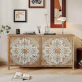 Meuble d'appoint antique Okak 60 pouces, buffet rustique en bois avec quatre portes à motifs sculptés, armoire de rangement pour la cuisine, la salle à manger