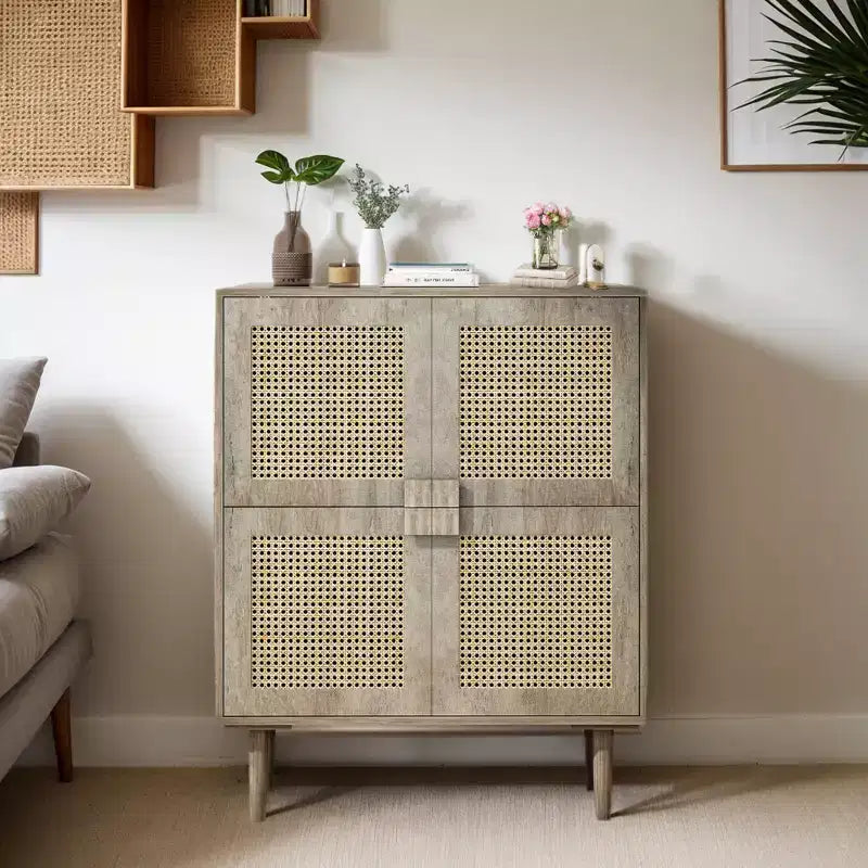 Buffet de rangement Okak en rotin avec 4 portes et 8 étagères, meuble de rangement pour salon, salle à manger, cuisine