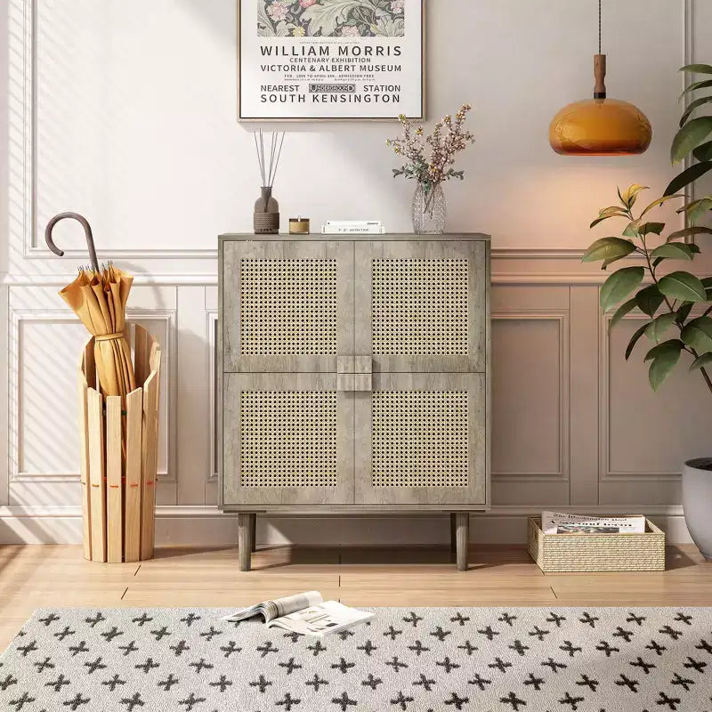Buffet de rangement Okak en rotin avec 4 portes et 8 étagères, meuble de rangement pour salon, salle à manger, cuisine