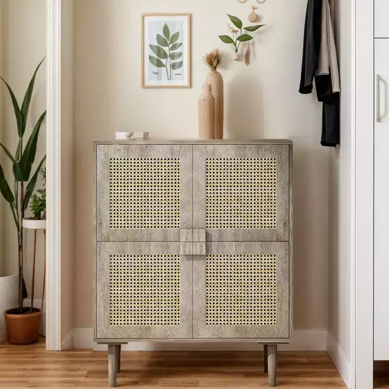 Buffet de rangement Okak en rotin avec 4 portes et 8 étagères, meuble de rangement pour salon, salle à manger, cuisine