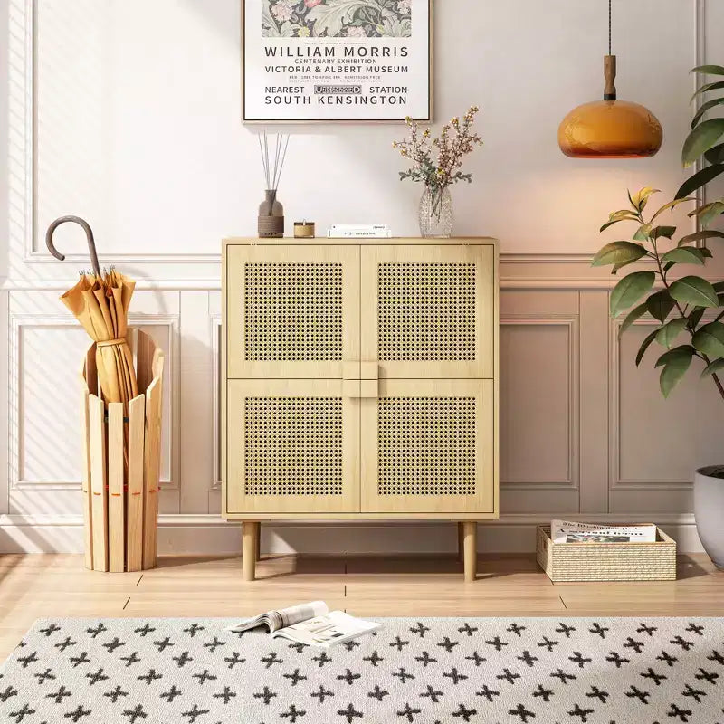 Buffet de rangement Okak en rotin avec 4 portes et 8 étagères, meuble de rangement pour salon, salle à manger, cuisine