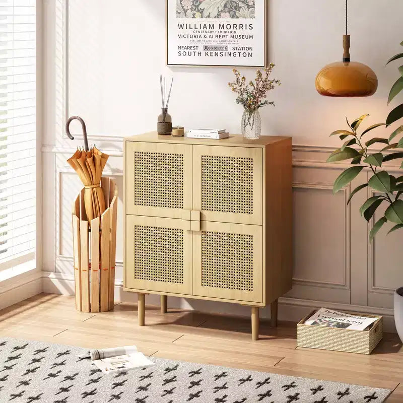 Buffet de rangement Okak en rotin avec 4 portes et 8 étagères, meuble de rangement pour salon, salle à manger, cuisine