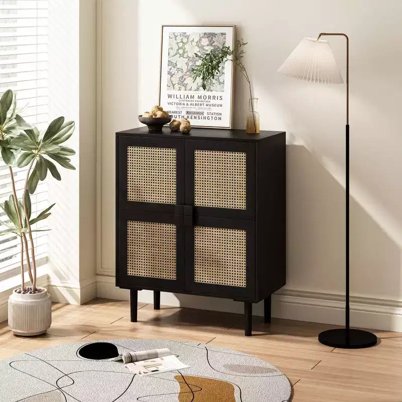 Buffet de rangement Okak en rotin avec 4 portes et 8 étagères, meuble de rangement pour salon, salle à manger, cuisine