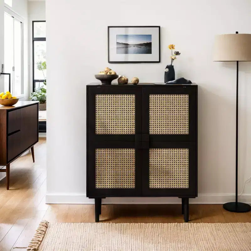 Buffet de rangement Okak en rotin avec 4 portes et 8 étagères, meuble de rangement pour salon, salle à manger, cuisine