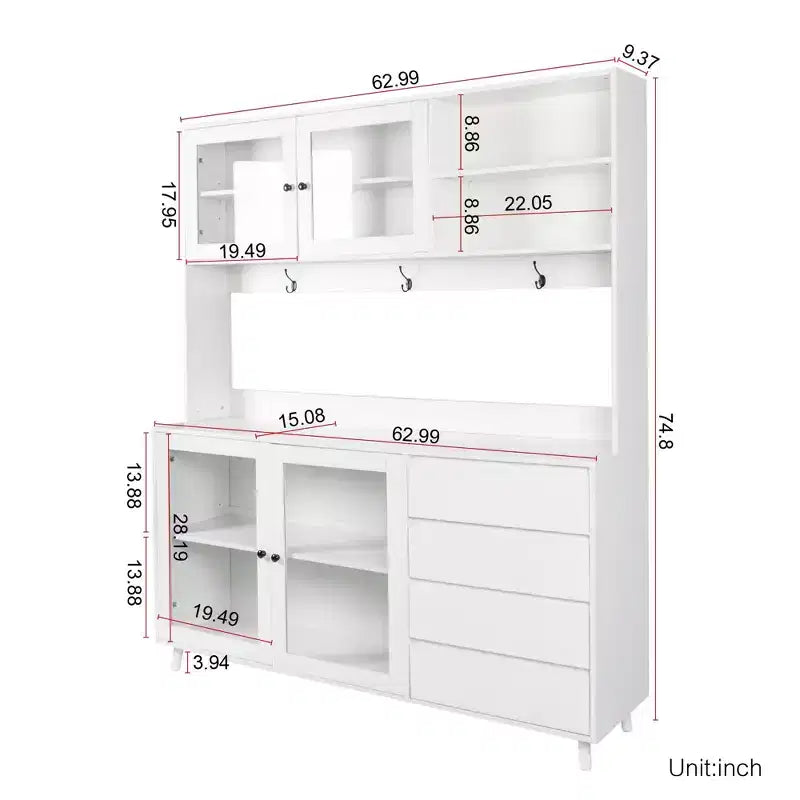 Meubles de rangement Okak 63 po, armoire de cuisine autoportante avec 4 portes et 4 tiroirs, meuble de rangement pour salon, salle à manger