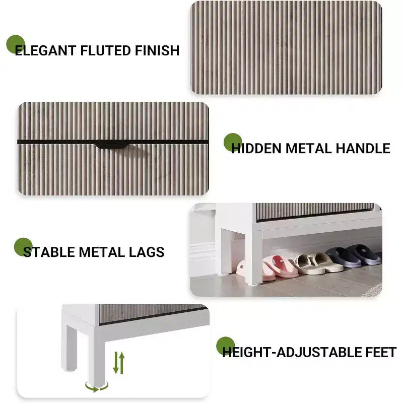 Meuble à chaussures cannelé COZONY avec tiroirs basculants, Organisateur de rangement étroit moderne pour entrée, Étagère à chaussures sur pied de style ferme pour porte d'entrée