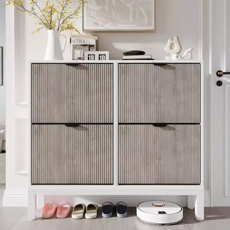 Meuble à chaussures cannelé COZONY avec tiroirs basculants, Organisateur de rangement étroit moderne pour entrée, Étagère à chaussures sur pied de style ferme pour porte d'entrée