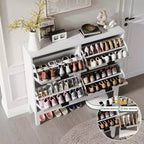 Meuble à chaussures cannelé COZONY avec tiroirs basculants, Organisateur de rangement étroit moderne pour entrée, Étagère à chaussures sur pied de style ferme pour porte d'entrée