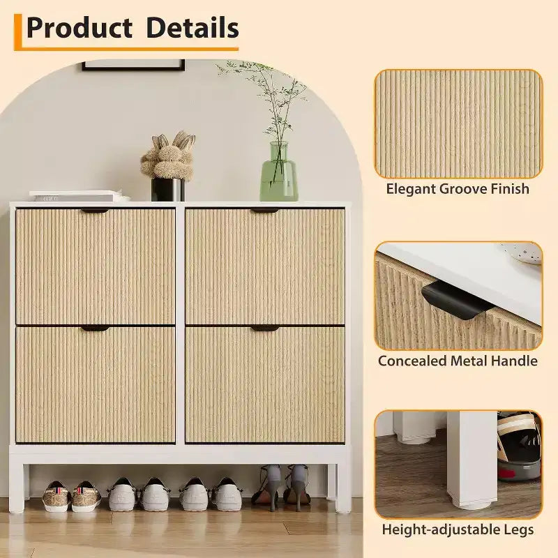 Meuble à chaussures cannelé COZONY avec tiroirs basculants, Organisateur de rangement étroit moderne pour entrée, Étagère à chaussures sur pied de style ferme pour porte d'entrée