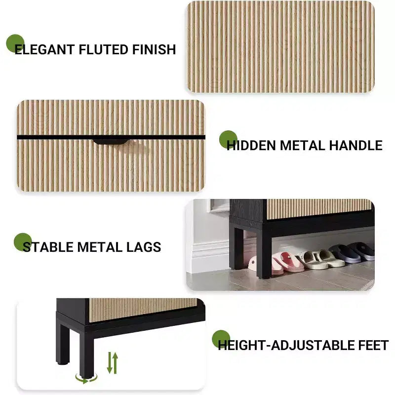 Meuble à chaussures cannelé COZONY avec tiroirs basculants, Organisateur de rangement étroit moderne pour entrée, Étagère à chaussures sur pied de style ferme pour porte d'entrée