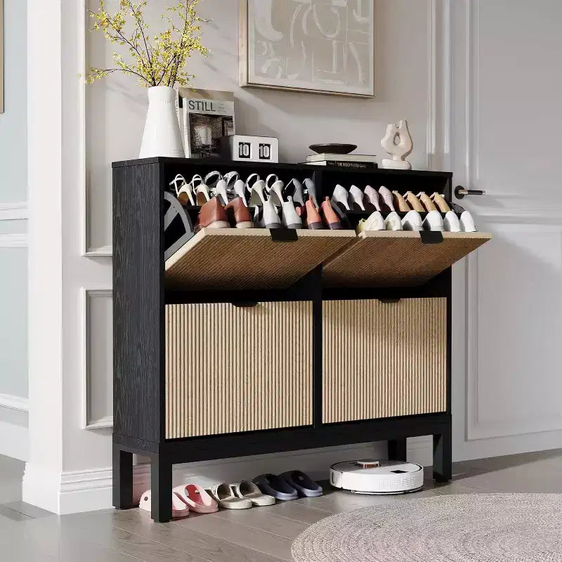 Meuble à chaussures cannelé COZONY avec tiroirs basculants, Organisateur de rangement étroit moderne pour entrée, Étagère à chaussures sur pied de style ferme pour porte d'entrée