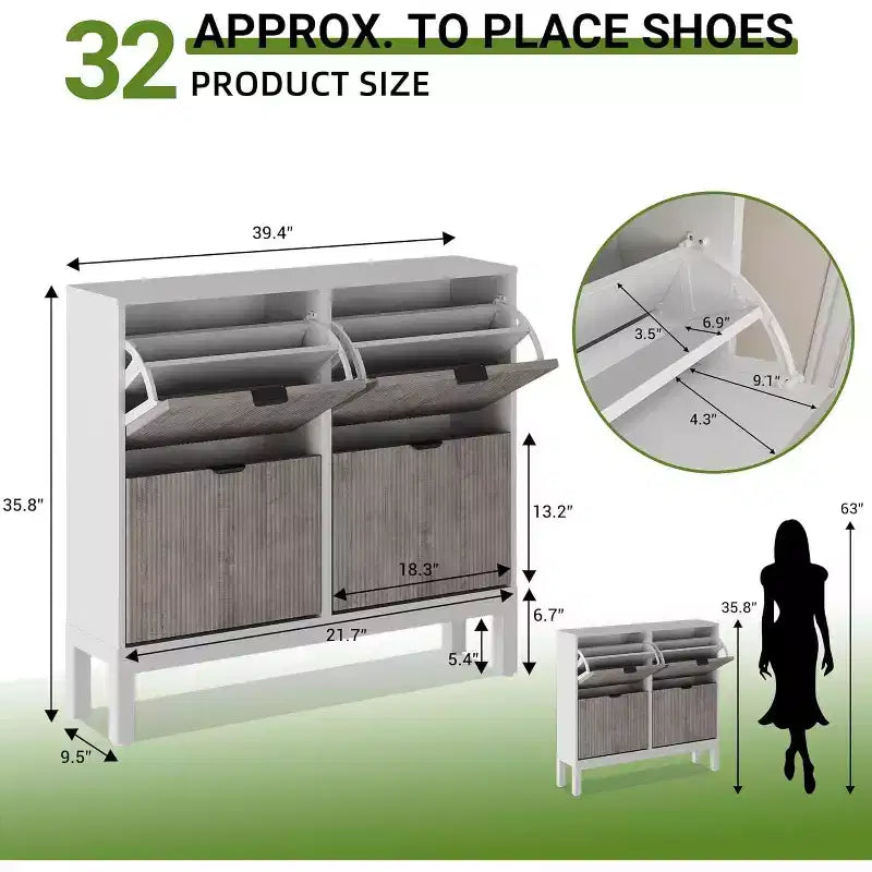 Meuble à chaussures cannelé COZONY avec tiroirs basculants, Organisateur de rangement étroit moderne pour entrée, Étagère à chaussures sur pied de style ferme pour porte d'entrée