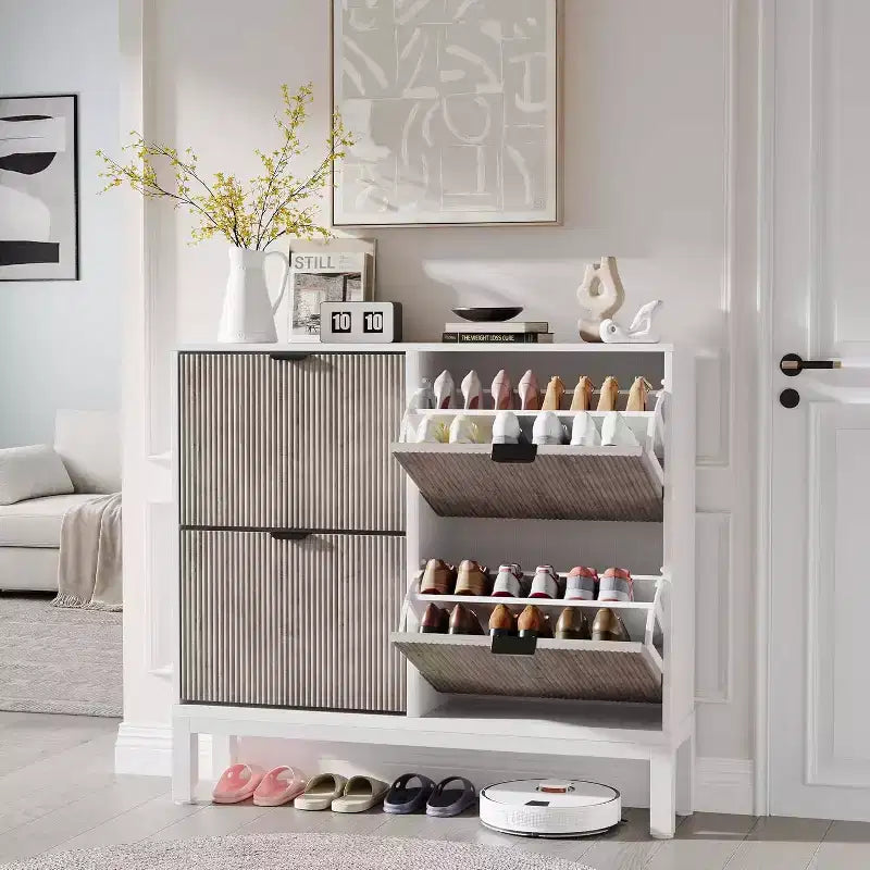 Meuble à chaussures cannelé COZONY avec tiroirs basculants, Organisateur de rangement étroit moderne pour entrée, Étagère à chaussures sur pied de style ferme pour porte d'entrée