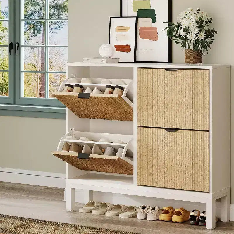 Meuble à chaussures cannelé COZONY avec tiroirs basculants, Organisateur de rangement étroit moderne pour entrée, Étagère à chaussures sur pied de style ferme pour porte d'entrée