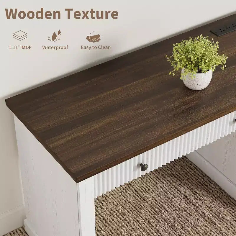 COZONY 60 Bureau de direction moderne avec plateau en bois cannelé, meuble de classement et tiroirs, grand bureau de rangement pour bureau à domicile, bureau et chambre à coucher