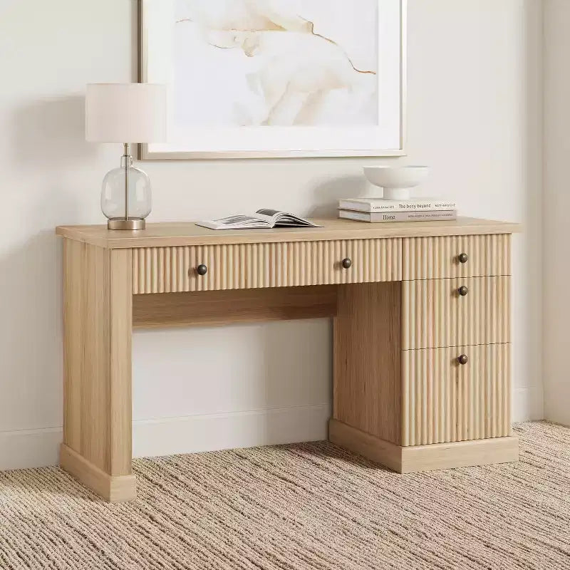 COZONY 60 Bureau de direction moderne avec plateau en bois cannelé, meuble de classement et tiroirs, grand bureau de rangement pour bureau à domicile, bureau et chambre à coucher