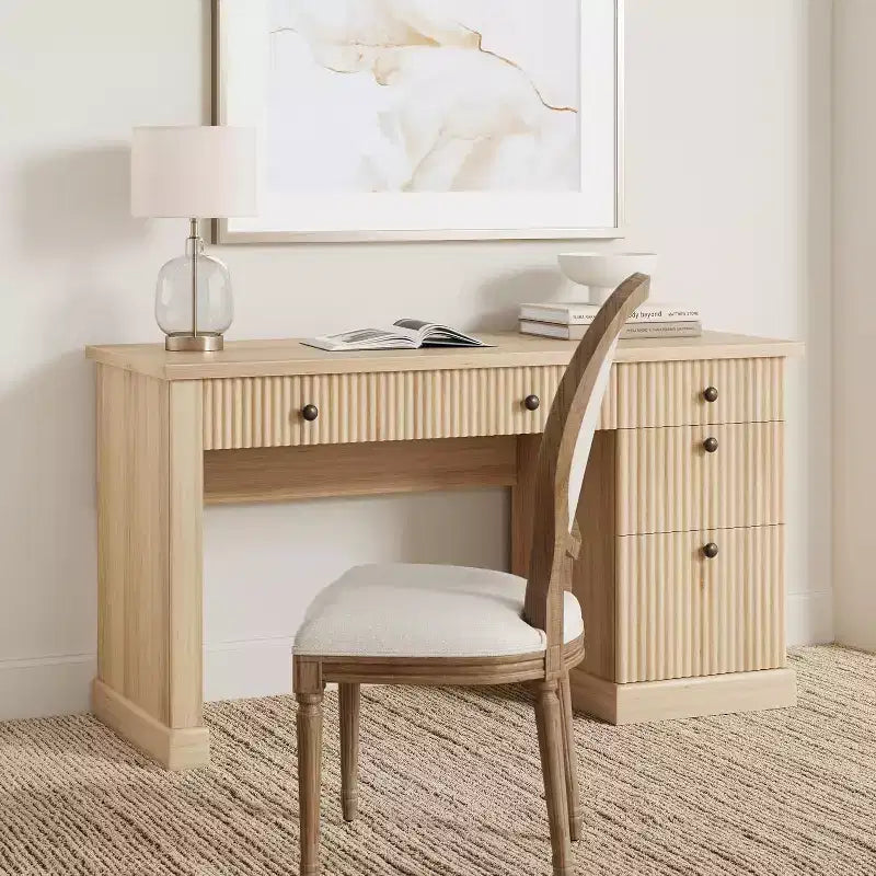 COZONY 60 Bureau de direction moderne avec plateau en bois cannelé, meuble de classement et tiroirs, grand bureau de rangement pour bureau à domicile, bureau et chambre à coucher