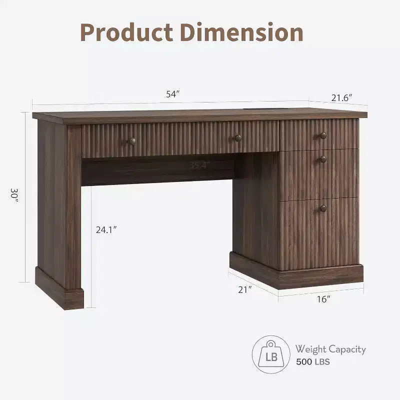 COZONY 60 Bureau de direction moderne avec plateau en bois cannelé, meuble de classement et tiroirs, grand bureau de rangement pour bureau à domicile, bureau et chambre à coucher