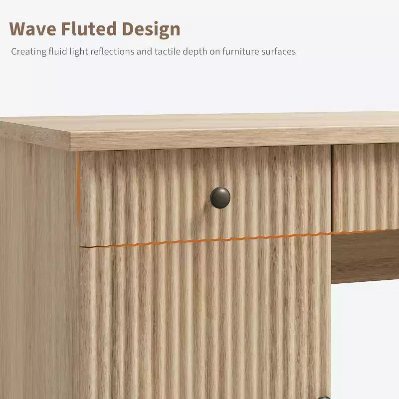 COZONY 60 Bureau de direction moderne avec plateau en bois cannelé, meuble de classement et tiroirs, grand bureau de rangement pour bureau à domicile, bureau et chambre à coucher
