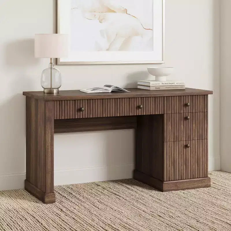 COZONY 60 Bureau de direction moderne avec plateau en bois cannelé, meuble de classement et tiroirs, grand bureau de rangement pour bureau à domicile, bureau et chambre à coucher