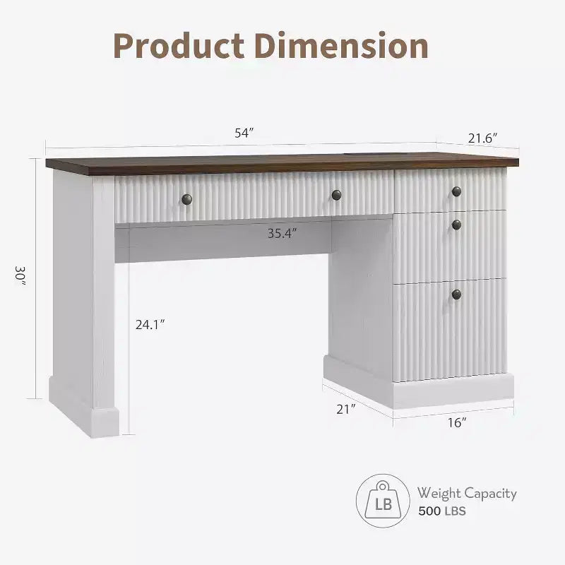 COZONY 60 Bureau de direction moderne avec plateau en bois cannelé, meuble de classement et tiroirs, grand bureau de rangement pour bureau à domicile, bureau et chambre à coucher