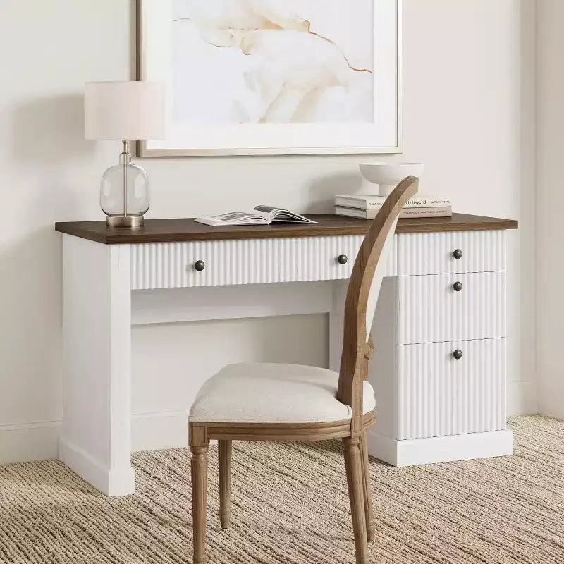 COZONY 60 Bureau de direction moderne avec plateau en bois cannelé, meuble de classement et tiroirs, grand bureau de rangement pour bureau à domicile, bureau et chambre à coucher