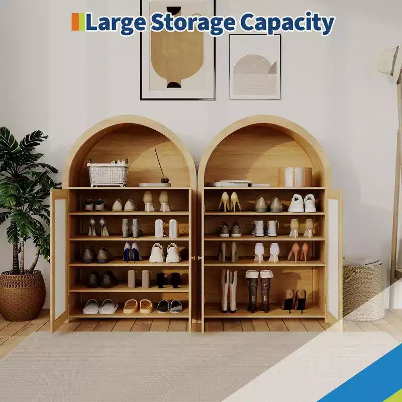 Meuble à chaussures Coolmee à 5 niveaux avec portes en rotin, étagère à chaussures autoportante avec étagères réglables pour entrée, couloir, salon