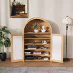 Meuble à chaussures Coolmee à 5 niveaux avec portes en rotin, étagère à chaussures autoportante avec étagères réglables pour entrée, couloir, salon