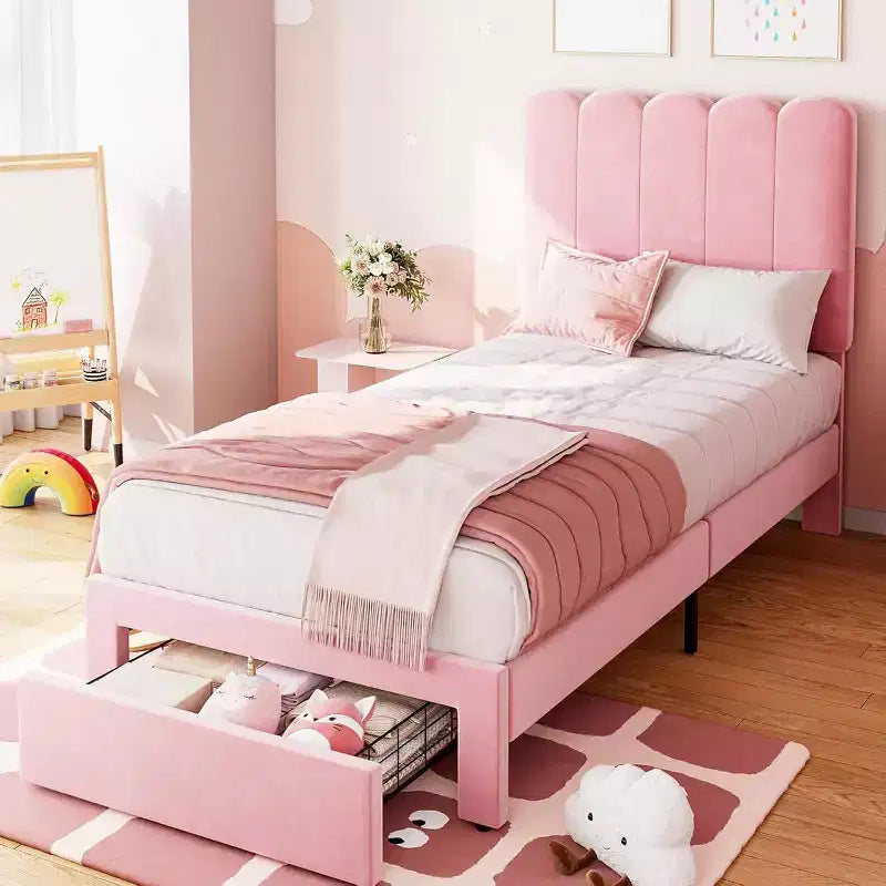 Beige Velvet Twin Bed Frame with Storage Drawer, Headboard, Slat Support, No Box Spring, Noise-Free, Easy Assembly