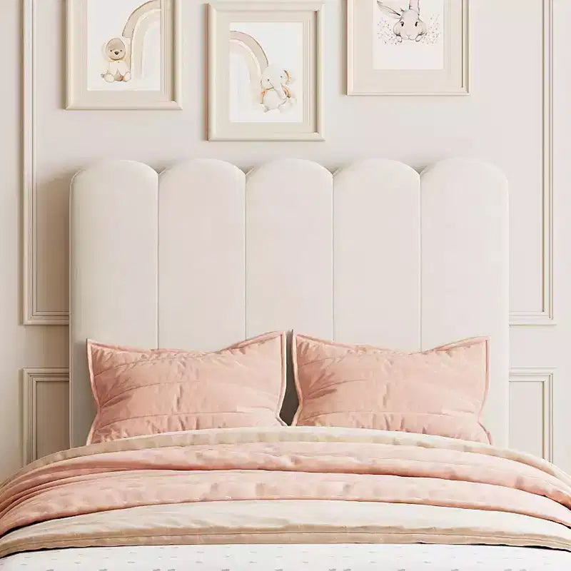 Cadre de lit simple en velours beige avec tiroir de rangement, tête de lit, lattes, sans sommier, silencieux, montage facile