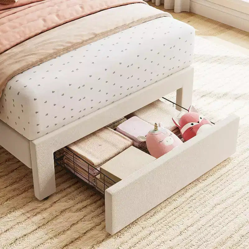 Cadre de lit simple en velours beige avec tiroir de rangement, tête de lit, lattes, sans sommier, silencieux, montage facile