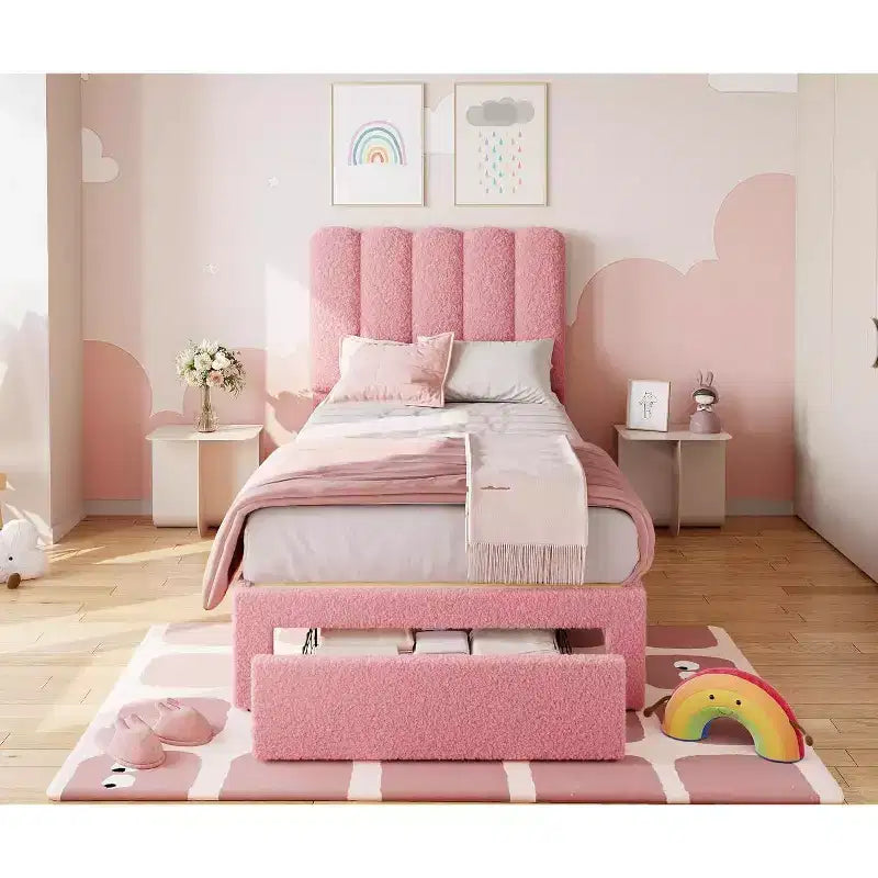 Cadre de lit simple en velours beige avec tiroir de rangement, tête de lit, lattes, sans sommier, silencieux, montage facile