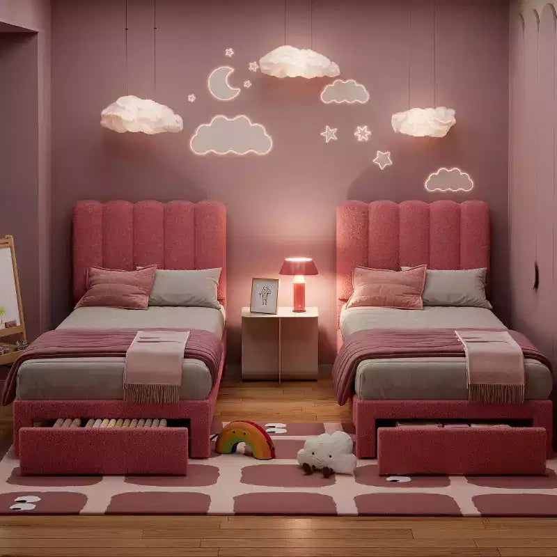 Cadre de lit simple en velours beige avec tiroir de rangement, tête de lit, lattes, sans sommier, silencieux, montage facile