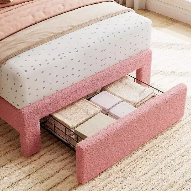 Cadre de lit simple en velours beige avec tiroir de rangement, tête de lit, lattes, sans sommier, silencieux, montage facile