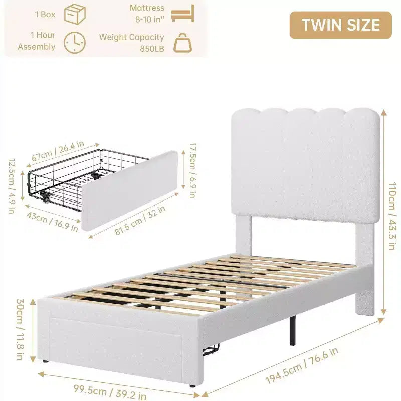 Cadre de lit simple en velours beige avec tiroir de rangement, tête de lit, lattes, sans sommier, silencieux, montage facile