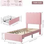Cadre de lit simple en velours beige avec tiroir de rangement, tête de lit, lattes, sans sommier, silencieux, montage facile