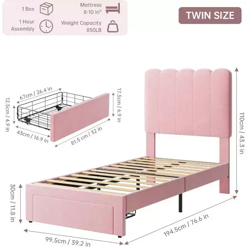 Cadre de lit simple en velours beige avec tiroir de rangement, tête de lit, lattes, sans sommier, silencieux, montage facile