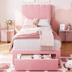 Cadre de lit simple en velours beige avec tiroir de rangement, tête de lit, lattes, sans sommier, silencieux, montage facile