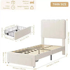 Cadre de lit simple en velours beige avec tiroir de rangement, tête de lit, lattes, sans sommier, silencieux, montage facile