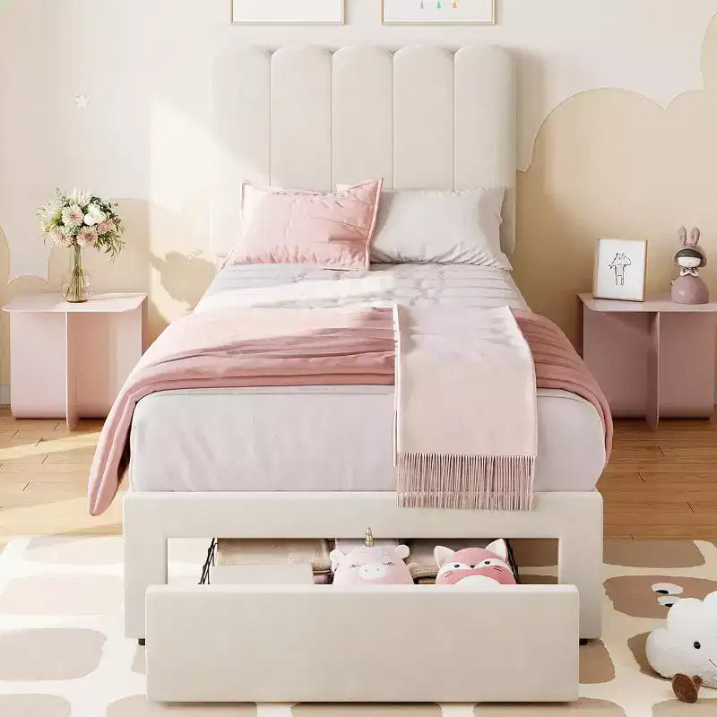 Cadre de lit simple en velours beige avec tiroir de rangement, tête de lit, lattes, sans sommier, silencieux, montage facile