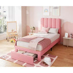 Cadre de lit simple en velours beige avec tiroir de rangement, tête de lit, lattes, sans sommier, silencieux, montage facile